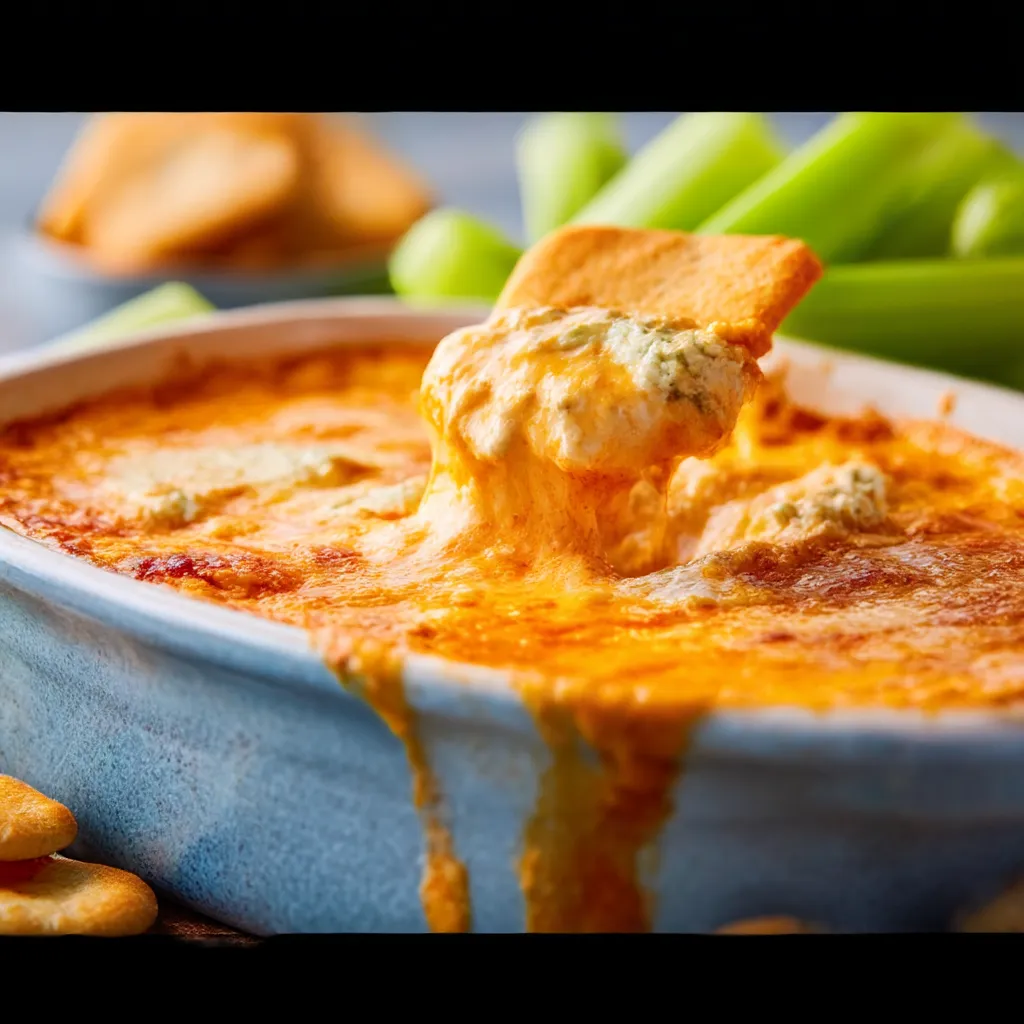 A creamy and spicy Buffalo Chicken Dip served warm in a dish, topped with melted cheese and green onions.