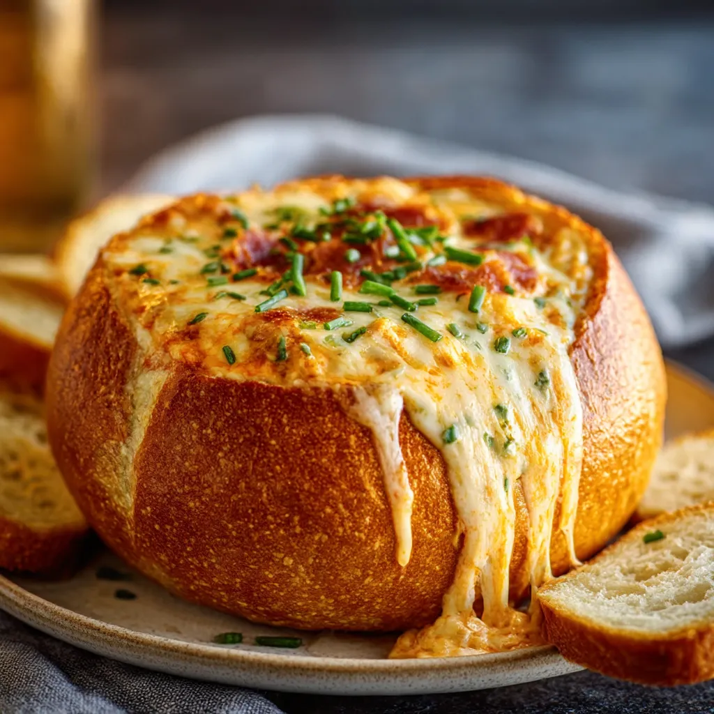 A round artisan bread bowl is filled with creamy, orange Buffalo Chicken Dip, topped with melted cheese and green onions.