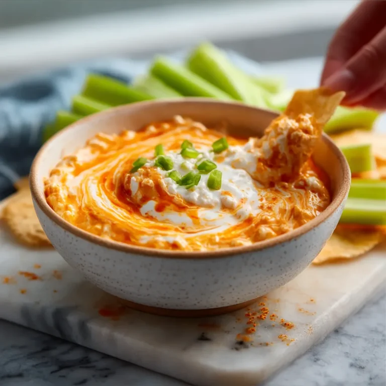 A creamy bowl of Buffalo Chicken Dip Greek Yogurt served with celery sticks and tortilla chips for dipping.