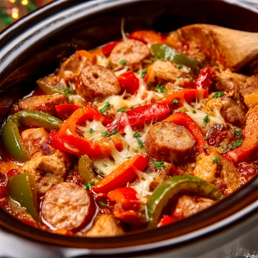 A warm and inviting crockpot filled with cheesy Christmas party appetizers sits on a kitchen counter.