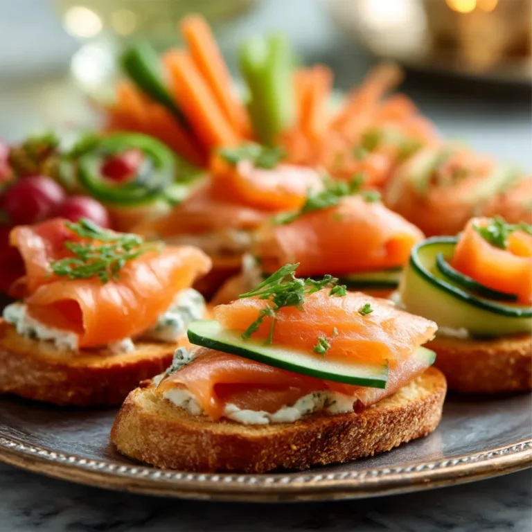 A colorful platter of assorted cold appetizers for a party, including bruschetta, vegetable rolls, and cheese skewers, arranged on a marble countertop.