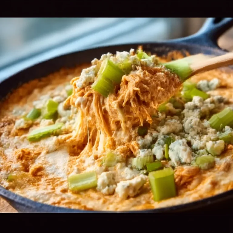A creamy and spicy Buffalo Chicken Dip served warm in a dish, topped with melted cheese and green onions.