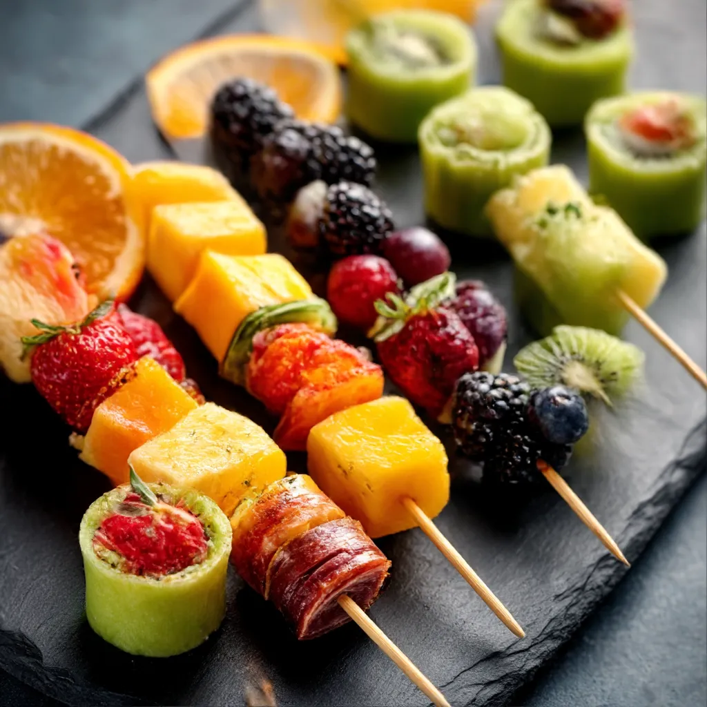 A colorful platter of healthy kid friendly party food includes fruit skewers, vegetable cups, and whole-wheat sandwiches.
