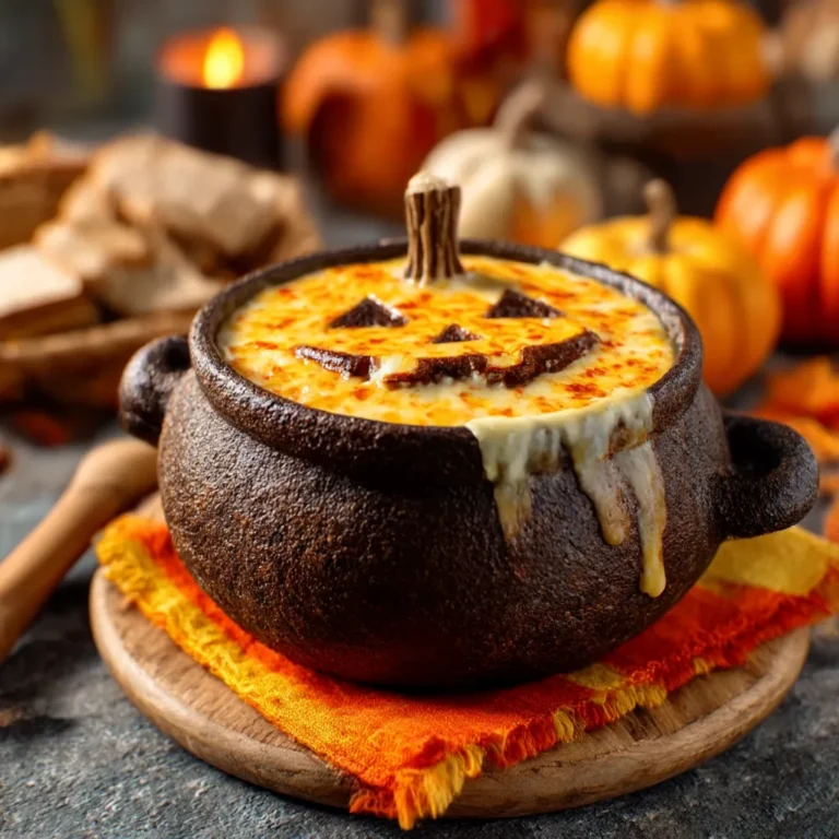 A creamy and spicy Jack O Lantern Buffalo Chicken Dip served in a hollowed-out pumpkin carved with a festive face.