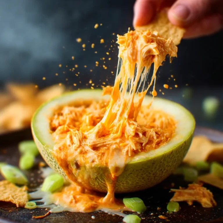 A creamy bowl of spicy Jackfruit Buffalo Chicken Dip served with celery sticks and tortilla chips for dipping.
