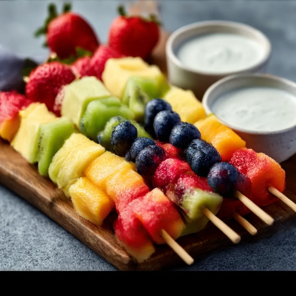Colorful and fun Kid Friendly Birthday Party Food arranged on a table, including fruit skewers, mini sandwiches, and cupcakes.