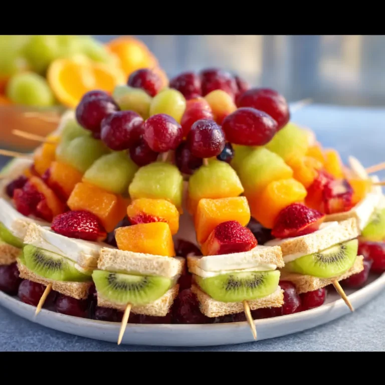 A colorful platter of fun and healthy Kids Party Appetizers arranged for easy grabbing by little hands.