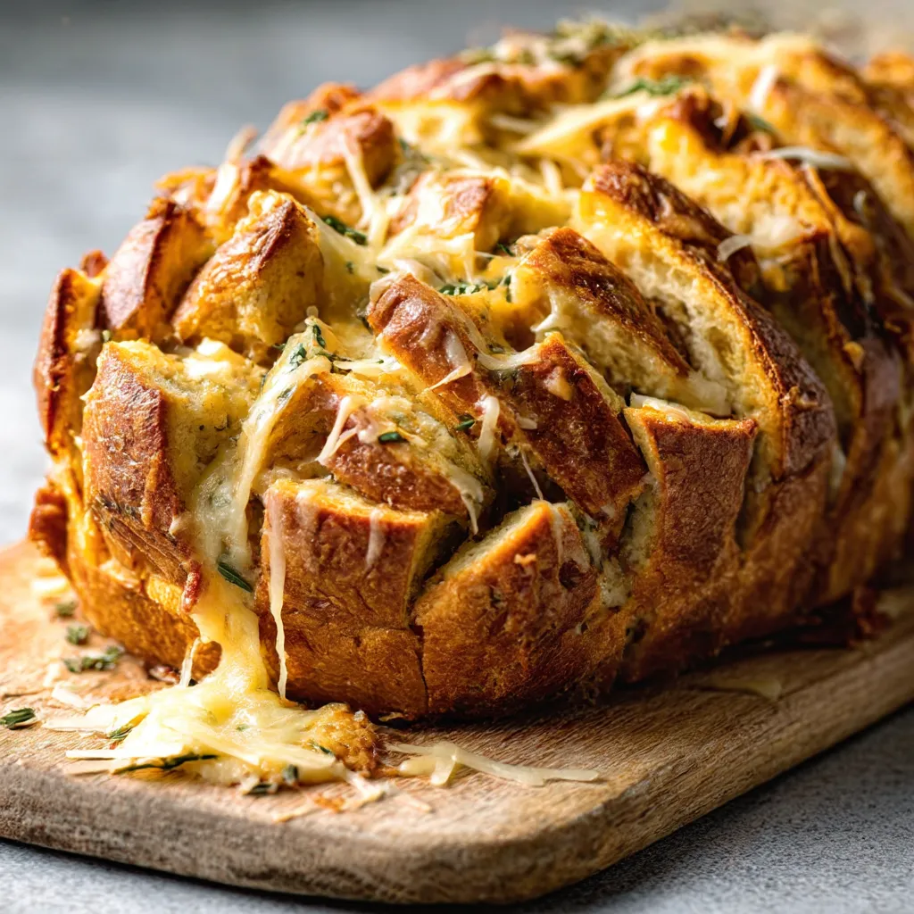 A platter of warm and cheesy party bread appetizers arranged on a wooden board for easy entertaining.